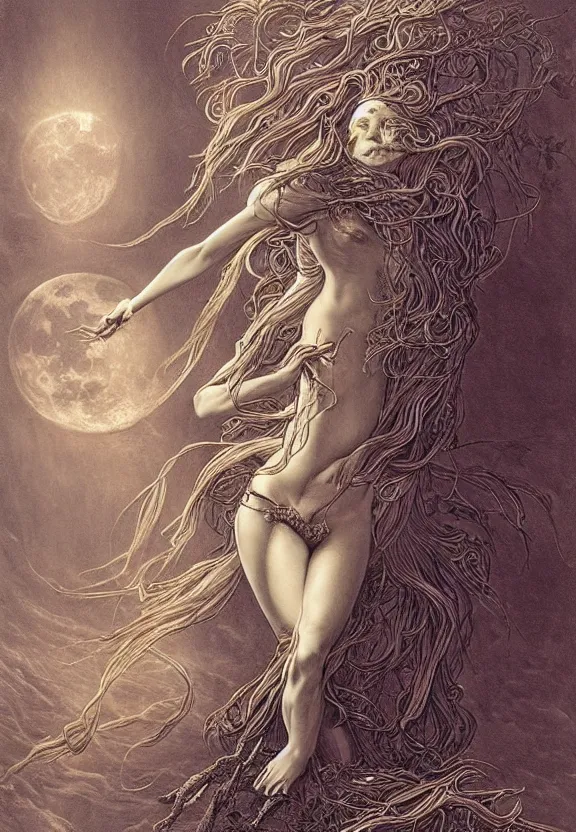 Image similar to full body front view of a beautiful biomechanical moon goddess, flowing hair, intense stare, sweet smile, concept art, intricate detail, volumetric shadows and lighting, psychedelic colors, realistic oil painting by gustave dore,