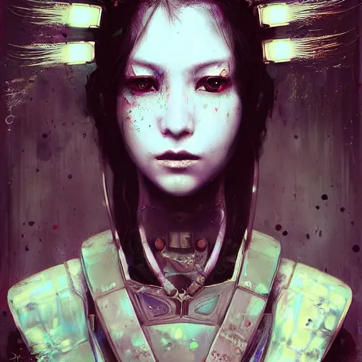 Prompt: cyberpunk geisha warrior by cy Twombly and BASTIEN LECOUFFE DEHARME, iridescent fractal, high tech