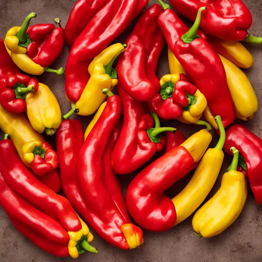 Prompt: fat bananas in the shape of red peppers and open oranges, closeup, hyper real, food photography, high quality