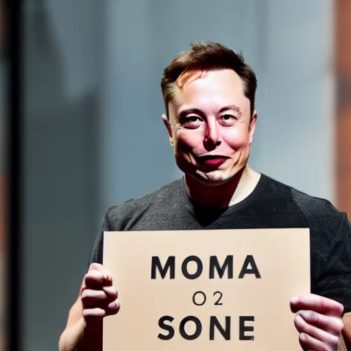 Image similar to a medium shot photograph of elon musk holding a sign with the word SOON' on it, 4k, ultra HD