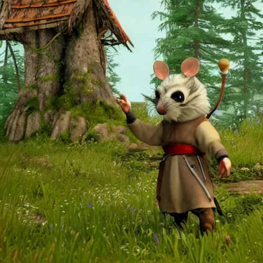 Image similar to an anthropomorphic rat dressed in medieval clothing, walking through a lush forest, studio Ghibli, kingdom come deliverance