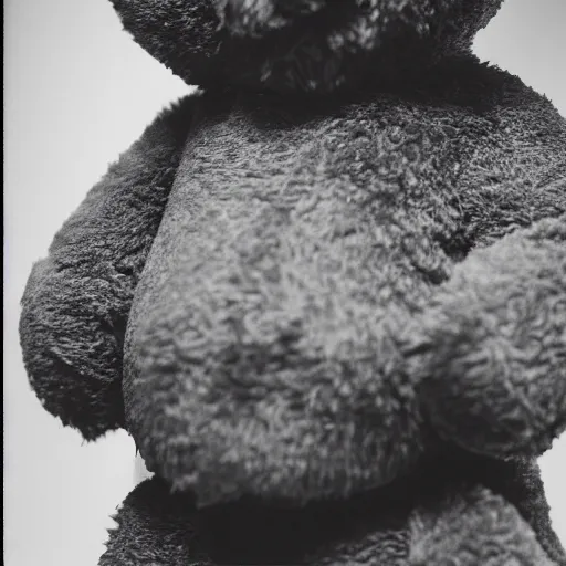 Image similar to Portrait studio photograph of Kanye West & an anthropomorphic teddy bear, close up, shallow depth of field, in the style of Felice Beato, Noir film still, 40mm