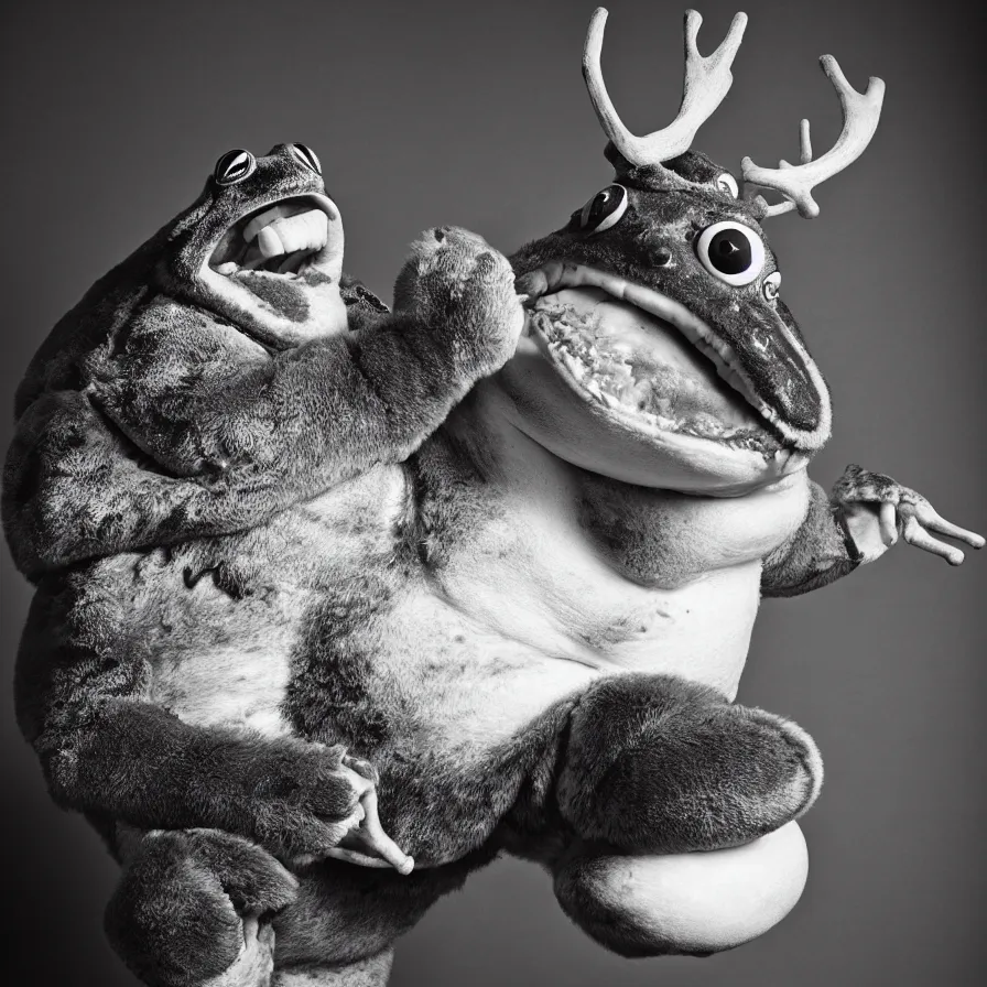 Prompt: rare classified photo, black & white, studio lighting, a tall very fat frog with antlers, laughing, real fur, real skin