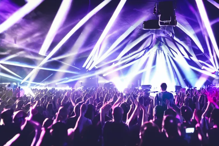 Prompt: a award winning photograph of a dj on stage spinning records with headphones looking over crowd dancing at a club, haze, moving heads light beams, spot lights, disco ball, silhouette