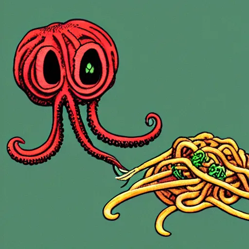 Image similar to Cthulhu with spaghetti as its tentacles, and a meatballs as its eyes