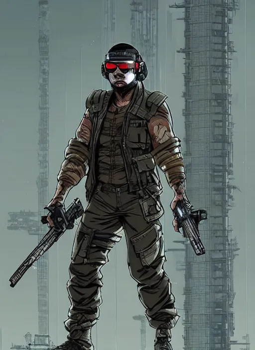 Image similar to Dangerous Tojo. buff Japanese cyberpunk mercenary wearing a cyberpunk tactical headset and military vest. Katana. square face. Realistic Proportions. Concept art by James Gurney and Laurie Greasley. Moody Industrial skyline. ArtstationHQ. Creative character design for cyberpunk 2077.