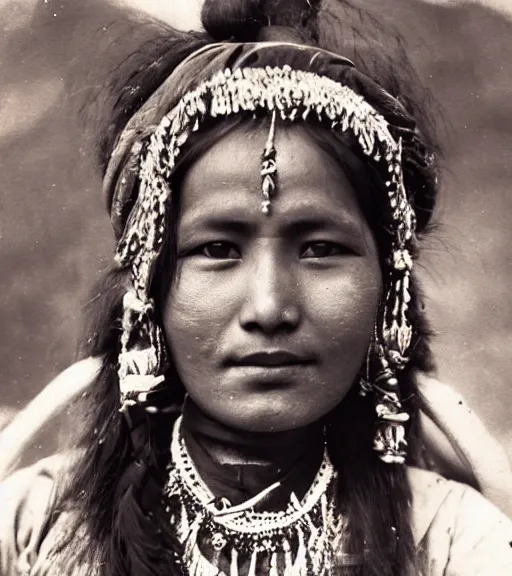 Image similar to vintage_portrait_photo_of_a_beautiful_nepalese_maiden in the himalayan mountains