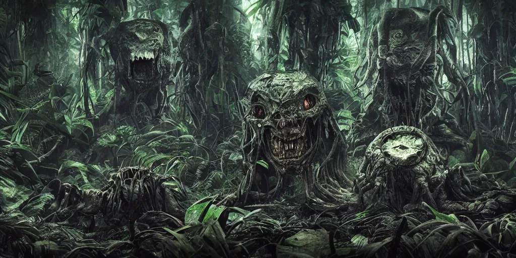 Prompt: of the dark jungle with large strange scary creatures with big eyes, mouth and sharp teeth appearing from the bushes, in the style of Giger, macro lens, shallow depth of field, highly detailed, digital painting, trending artstation, concept art, illustration, cinematic lighting, vibrant colors, photorealism, epic, octane render
