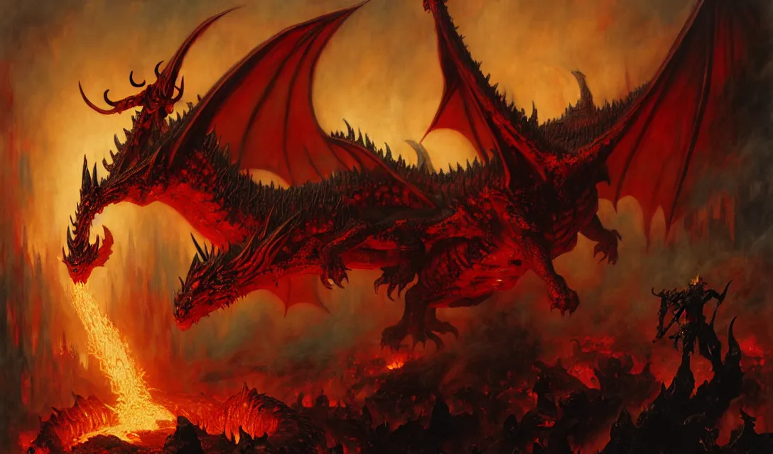 Prompt: a huge satan dragon in hell. highly detailed painting by gaston bussiere, craig mullins, j. c. leyendecker, 8 k