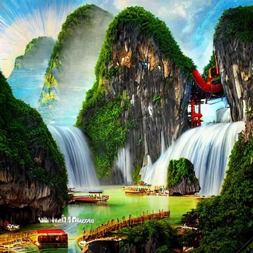 Prompt: epic waterfall waterpark halong bay vietnam waterslides painting by brain froud, charles vess, cinematic lighting, epic composition, highly detailed