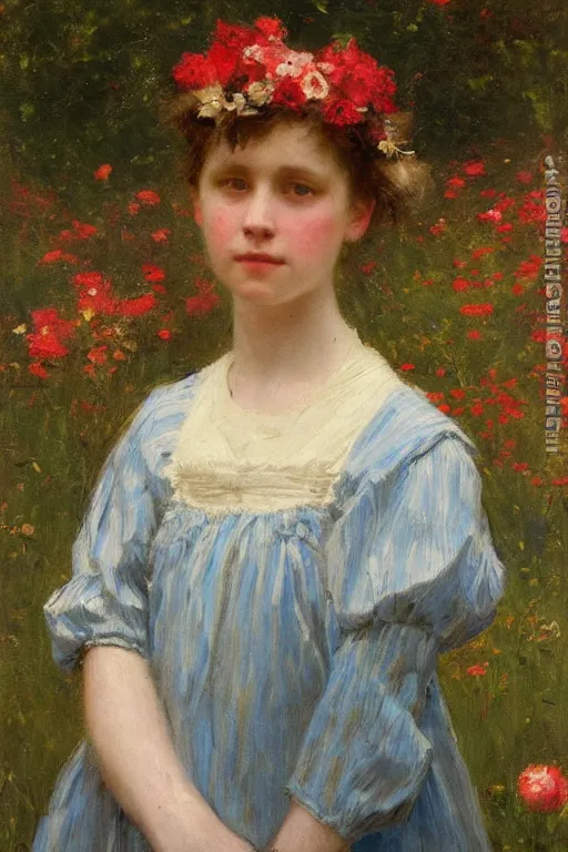 Image similar to Solomon Joseph Solomon and Richard Schmid and Jeremy Lipking victorian genre painting portrait painting of a young cottagecore girl in an open field of flowers, red background