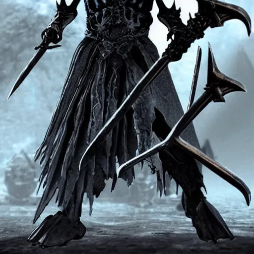 Image similar to Powerful knight, with demonic sword, standing in front of skeleton army, style from Skyrim