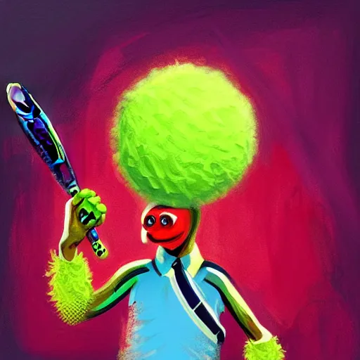 Image similar to a tennis ball monster ,tennis ball, tennis racket, colorful, digital art, fantasy, magic, trending on artstation, ultra detailed, professional illustration by Basil Gogos