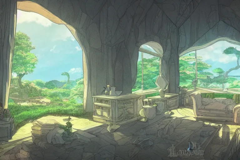 Image similar to interior wide angle shot of a fantasy countryside villa in the style of studio ghibli, moebius, makoto shinkai, dramatic volumetric lighting