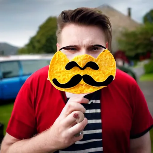 Prompt: an award winning still photo of a scottish man with a taco mustache made out of taco