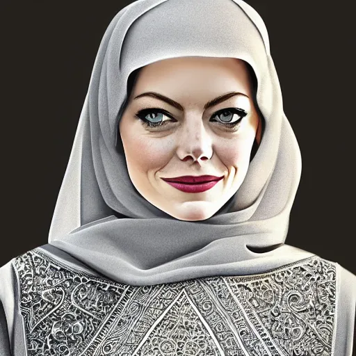 Prompt: A portrait of Emma Stone wearing a Black Arabian abaya , high quality, fully detailed, 4k