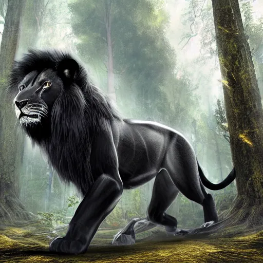 Image similar to epic pose of black lion with gold lightnings in the fur in the middle of the ancient forest , colossal scale, photorealistic, high details, intricate by Nick Nichols and Evgeniy Antonenkov