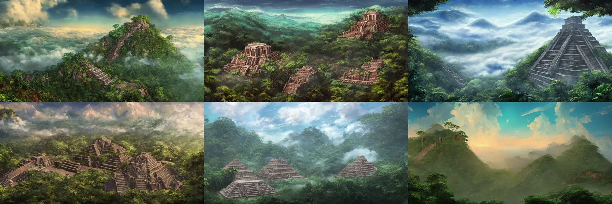 Prompt: beautiful and hyperrealistic Mesoamerican ruins in a rainforest above the clouds, teal evening sky, Visual Novel key visual, award-winning digital art on Pixiv, trending on Artstation