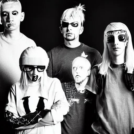 Image similar to bandphoto of chiptune band, in the style of billelis and pedro conti and stanley kubrick, inspired by die antwoord, black and white, photorealistic, epic, super technical, 3 d render