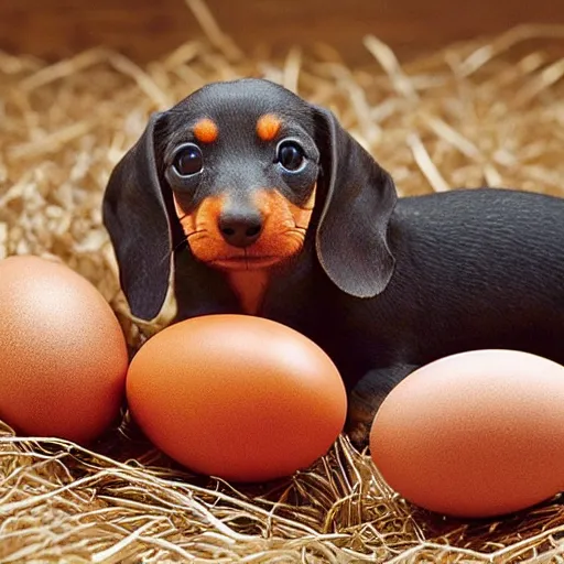 Image similar to baby dachshunds hatching from eggs : : nature photography : : highly detailed