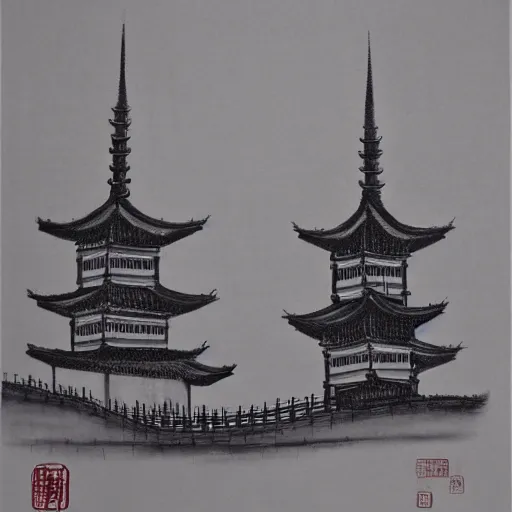 Image similar to taiyuan twin pagodas, chinese ink painting, monochrome,