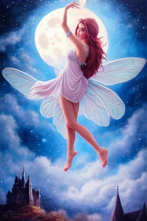 Image similar to attractive fairy magically floating high in the night, fantasy, full moon in background. highly detailed painting by artgerm, mid shot, 8 k