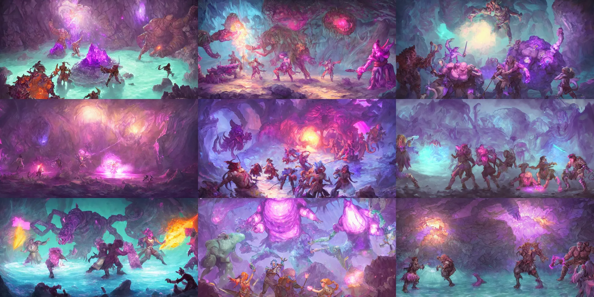 Prompt: d & d party fighting a giant crystal golem, combat scene, fantasy concept art, bright pink purple orange lights, underwater, watery caverns, art by ayanamikodon