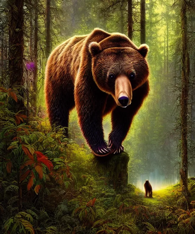 Image similar to a realistic brown bear, walking through a psychedelic forest, wide angle landscape shot, pixar style by tristan eaton, artgerm and tom bagshaw