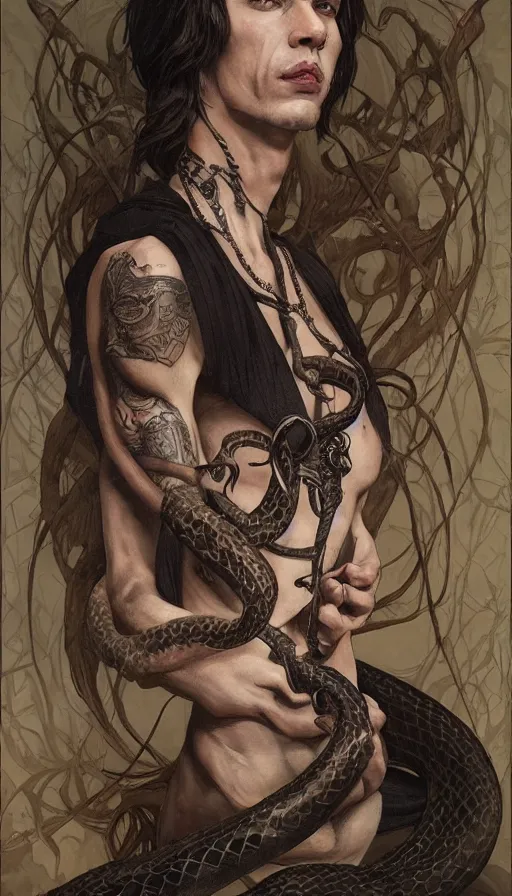 Prompt: portrait of slim snake tamer, with a big snake tattoo around his body, mischievous, expressive pose, peaceful expression, dark gothic dress, fantasy, intricate, dark forest background, highly detailed, digital painting, artstation, concept art, smooth, sharp focus, illustration, art by artgerm and greg rutkowski and alphonse mucha