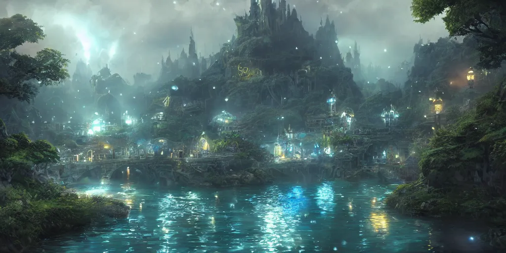 Image similar to beautiful and immersive magical town, magical buildings, bioluminescent forest surrounding, gentle rivers flowing through town, award - winning digital art on pixiv, trending on artstation - cinematic lighting, dramatic lighting, stunning and beautiful view - unbelievably amazing - highly detailed, hyperrealistic, unreal engine 5, in the style of kingdom hearts and final fantasy