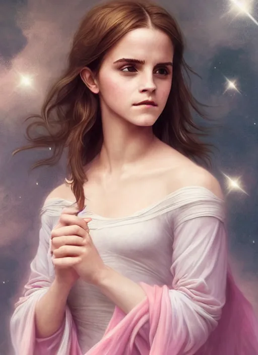 Image similar to emma watson as nature magic celestial turned away, long hair, soft pink and white transparent cloth, space, D&D, shiny background, intricate, elegant, highly detailed, digital painting, artstation, concept art, smooth, sharp focus, illustration, artgerm, bouguereau