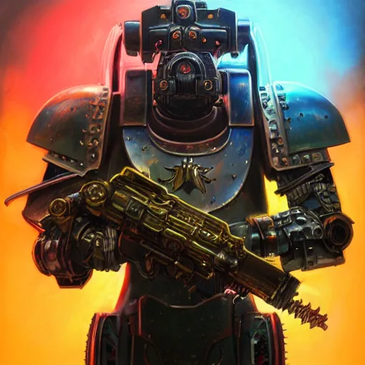 Image similar to warhammer 4 0 k emperor armor realistic cyborg anthropomorphic shiba inu scifi cyberpunk, holding scifi neon laser gatling gun portrait art by donato giancola and greg rutkowski, realistic face, digital art, trending on artstation, symmetry