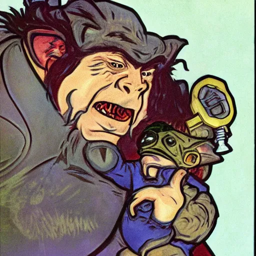 Image similar to baby gamorrean guard being looked after by tom baker dr who, alphonse mucha