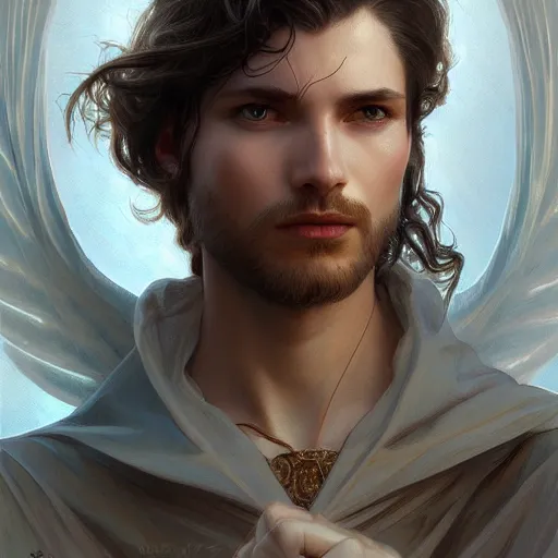 Image similar to up close portrait of a male angel, d & d, face, fantasy, intricate, elegant, highly detailed, digital painting, artstation, concept art, smooth, sharp focus, illustration, art by artgerm and greg rutkowski and alphonse mucha