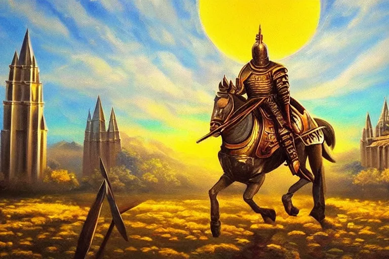 Image similar to knight, temple, fantasy, painting, ultra realistic!!!, clear weather, golden hour, sharp focus