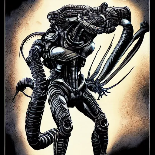 Prompt: a manga of a xenomorph in appleseed - style by masamune shirow