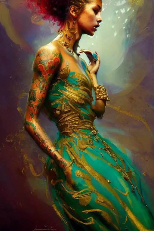 Prompt: an epic painting of a 1 9 years old girl figure, curly messy high bun hairstyle, oriental tattoos, subject wearing a gold and ruby high fashion gown, flowing, ornate, beautiful, dramatic earth colors, with few vivid green highlights, by jeremy mann and greg rutkowski, artstation, oil on canvas