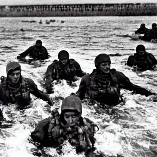 Image similar to the running soldiers in the sea in the d - day, by robert capa,