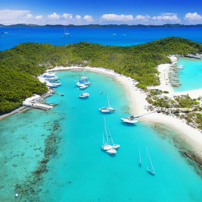 Image similar to an aerial perspective of a crystal clear bay, beach, turquoise ocean, yachts anchored in the bay, photo - realistic, highly detailed, calm, serene