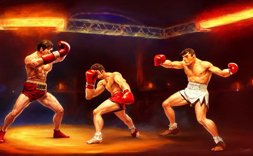 Image similar to a piece of toast boxing ; magic : the gathering fantasy concept art of a piece of toast that is a boxer, by frank frazetta and marco bucci, high resolution. boxing ring in the background, dramatic stadium lighting, fantasy coloring, intricate, digital painting, artstation, smooth, sharp focus