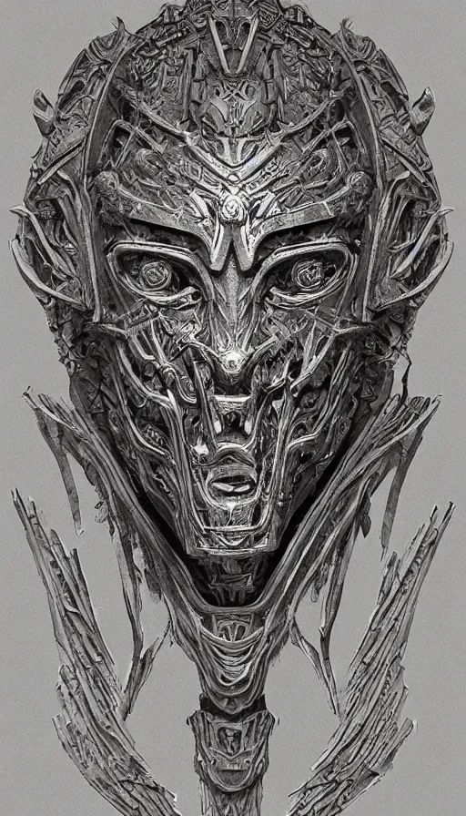 Image similar to ancient biomechanical hybrid slavic thunder god armored head fantasy human angel face mask tattoo pattern concept, glagolitic glyph, intricate artwork by, Johnatan Wayshak, Zdizslaw Beksinski, Artgerm, H.R. Giger, very coherent artwork, cinematic, hyper realism, high detail, octane render, unreal engine, 8k, High contrast, higly detailed black ink outline, crosshatch sketch gradient