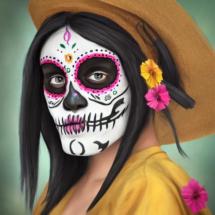 Prompt: a smiling girl with long black hair, part of her face slightly!!!!! painted as dia de los muertos, wearing mexican hat, by alozuniga _. with the style of arcane ( 2 0 2 1 ). digital draw, digital art, trending on instagram, digital painting. octane render, unreal engine, beautiful lips.