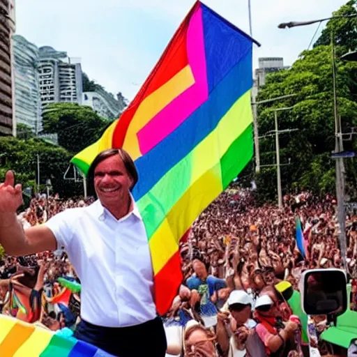 Prompt: photograph of president jair bolsonaro waving a rainbow flag at a pride parade