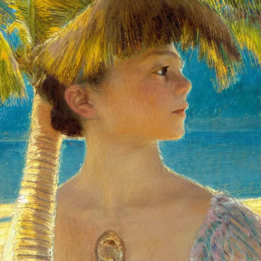 Image similar to a ultradetailed beautiful painting of a girl in the amazonas palace designed by jules bastien - lepage, hans belmer, frank weston and gustave baumann, beach, trending on artstation, mediterranean, palm trees, refracted color sparkles, sharp focus, soft light, 8 k 4 k