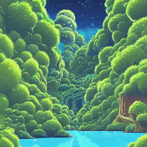 Prompt: illustration of a lush natural scene on an alien planet by studio ghibli. very detailed. beautiful landscape. weird vegetation. cliffs and water.