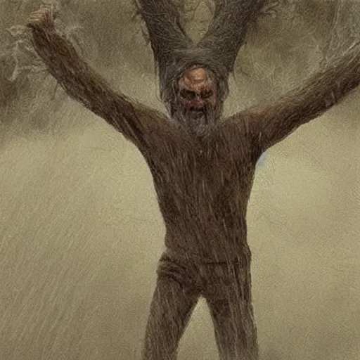 Image similar to The drawing shows a man caught in a storm, buffeted by wind and rain. He clings to a tree for support, but the tree is bent nearly double by the force of the storm. The man's clothing is soaked through and his hair is plastered to his head. His face is contorted with fear and effort. by Bo Bartlett haunting, artificial