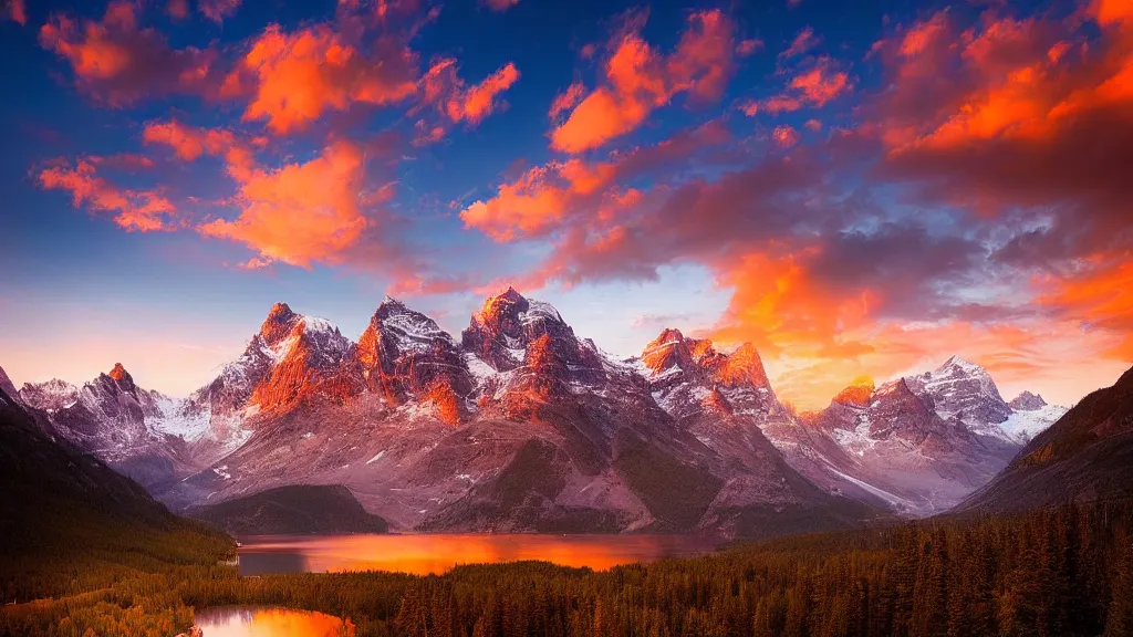 Prompt: amazing eagleview landscape photo of mountains with lake in sunset by marc adamus, beautiful dramatic lighting