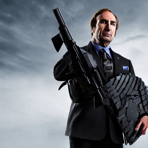 Image similar to Saul Goodman wearing heavy military gear and holding a bulletproof shield, highly detailed, 4k