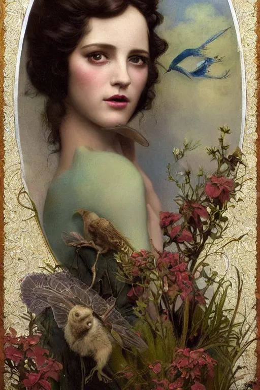 Prompt: An extremely beautiful young bill murray explaining the birds and the bees by Tom Bagshaw in the style of a modern Gaston Bussière, art nouveau, art deco, surrealism. Extremely lush detail. Melancholic scene. Perfect composition and lighting. Profoundly surreal. High-contrast lush surrealistic photorealism. Sultry and mischievous expression on her face.