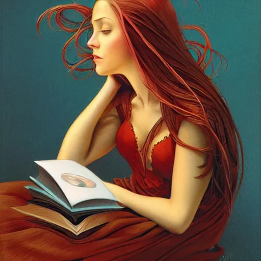 Image similar to a girl reading book, hair flowing down, by Gerald Brom